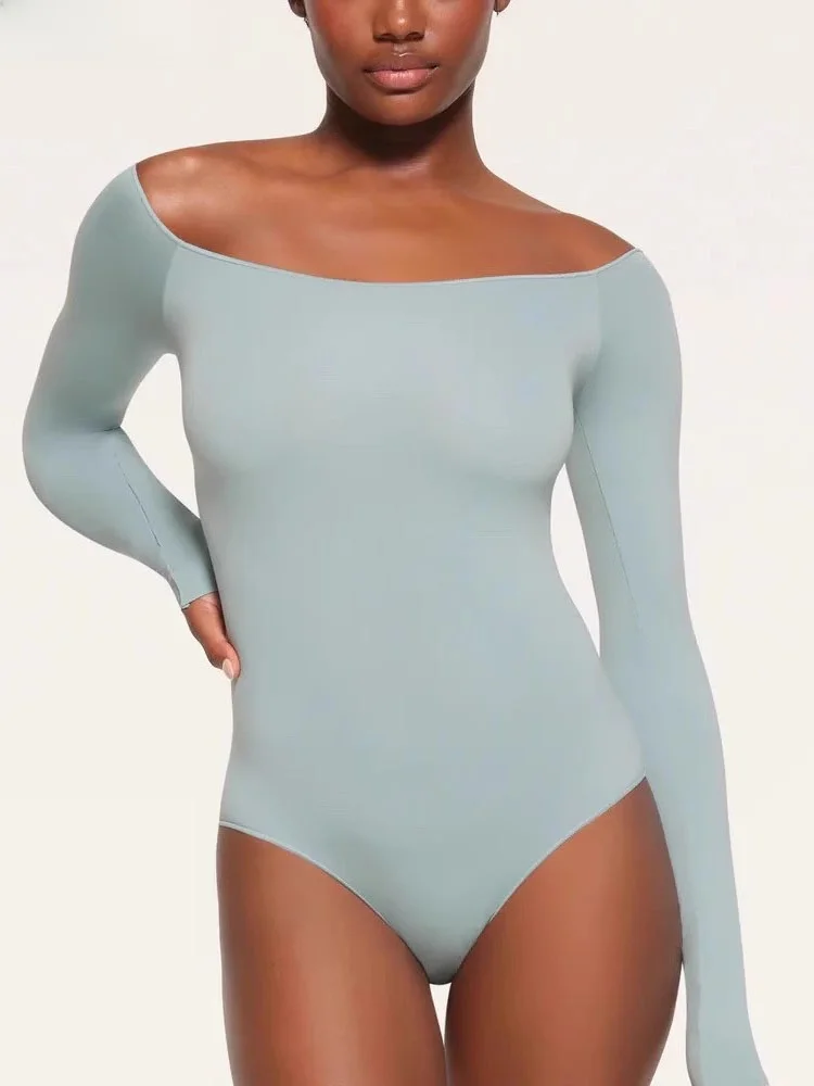 MissM Light ential oulder Bared Long Sve Base Layer Bodycon Onesie High Waist Straight Cut ort Leg Cotton Blend