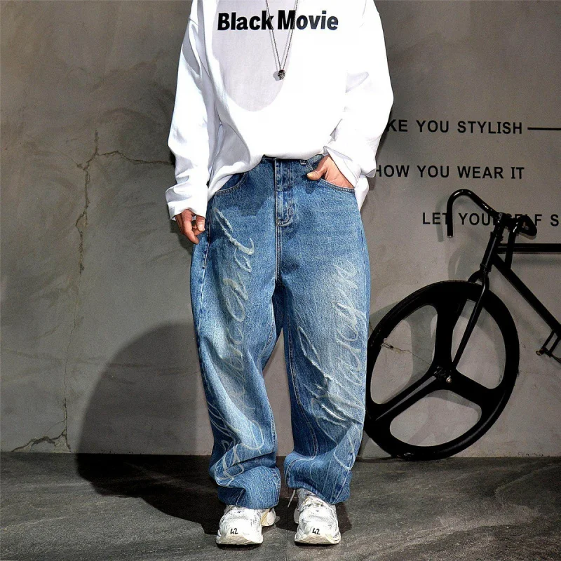 Vintage Distressed Letter Ripped Wide Leg Jeans Men, Vibe Stylish Loose Straight Plus Size Pants