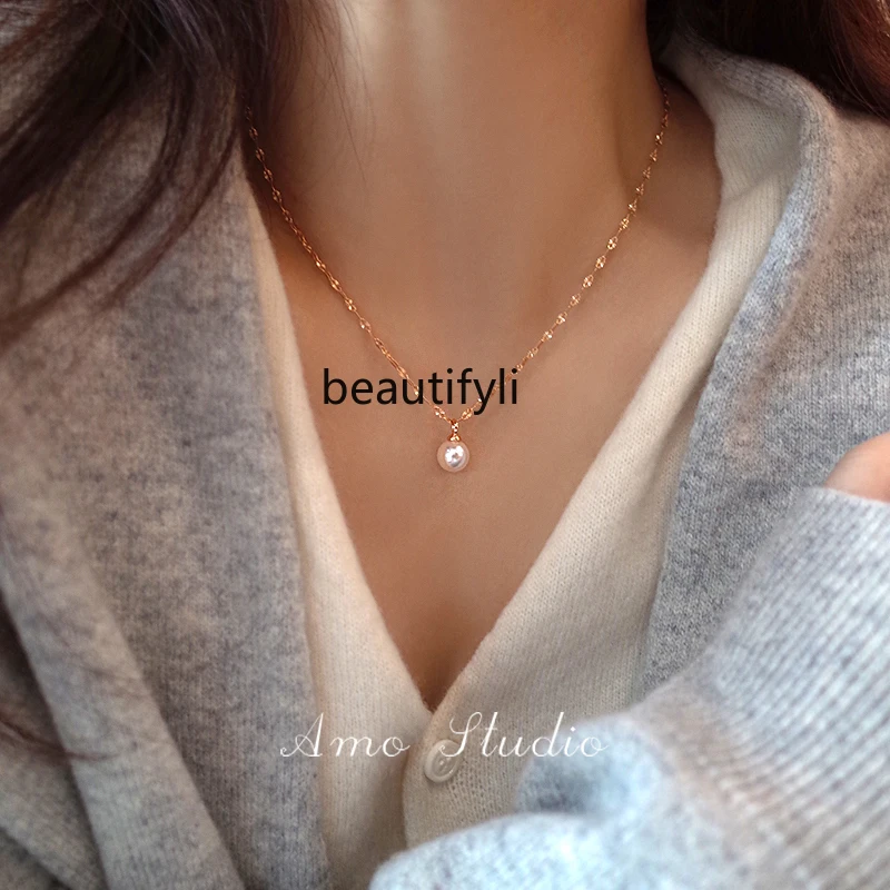 

Classic Versatile Single Pearl Pendant Sterling Silver Necklace Women's Light Luxury Niche Simple Sweater Chain Atmospheric