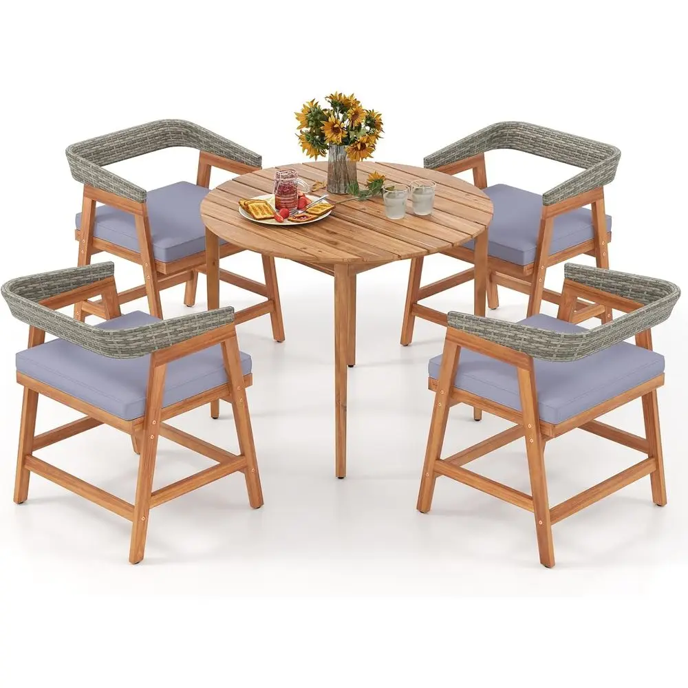 

Acacia Wood Outdoor Patio Dining Set with Cushions and Rattan Backrest for Garden and Poolside