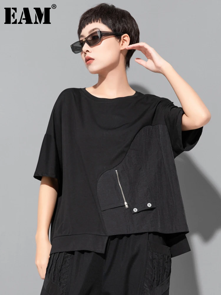 

[EAM] Women Black Irregular Casual Big Size T-shirt New Round Neck Short Sleeve Fashion Tide Spring Summer 2024 1DE8728