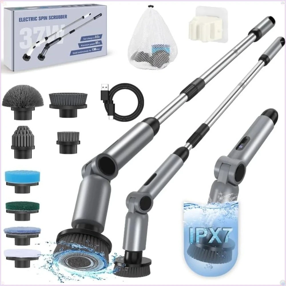 

Electric Spin Scrubber, [IPX7 Waterproof ] [50KG Torque] Shower Scrubber with 9 Brush Heads, 2 Speed Mode, Bathroom Tile (Gray)
