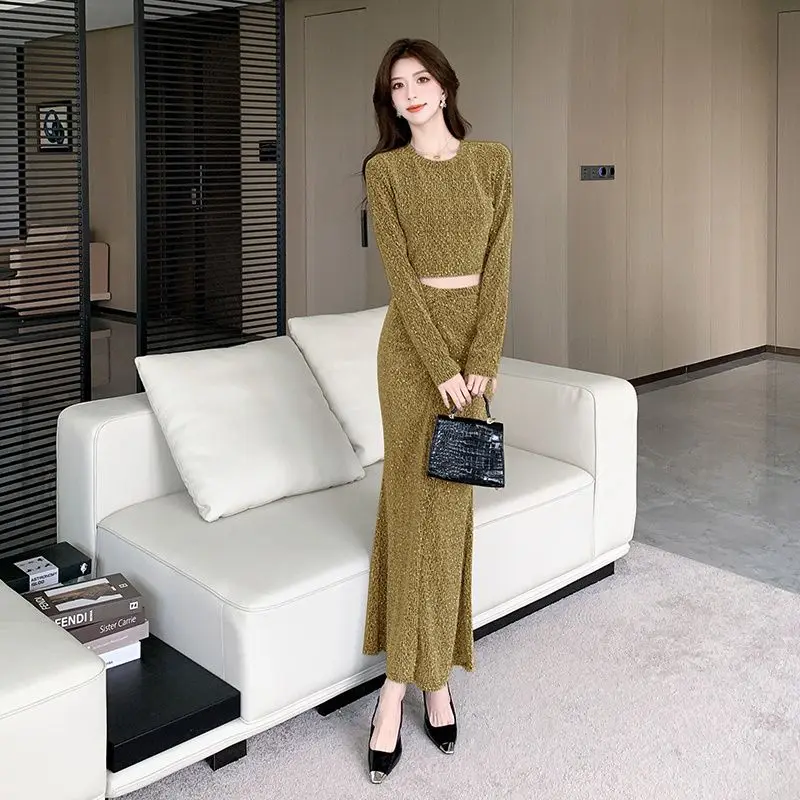 

Fashion temperament two-piece set women's round neck long sleeved short top+slim fit long skirt solid clor elegant set