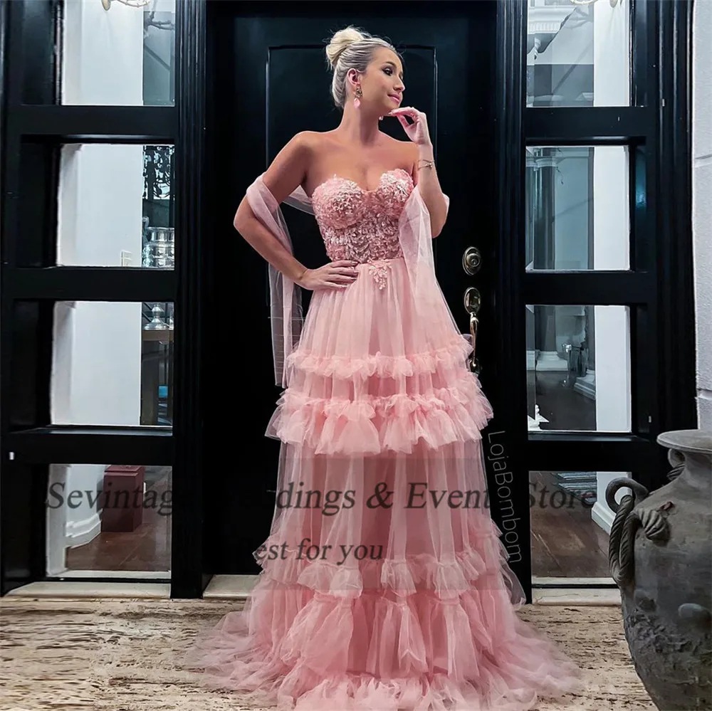 Sevintage Fairy Baby Pink Tulle Evening Dresses Strapless Appliques Tiered Pleat Ruched Side Split Women Prom Dresses for women