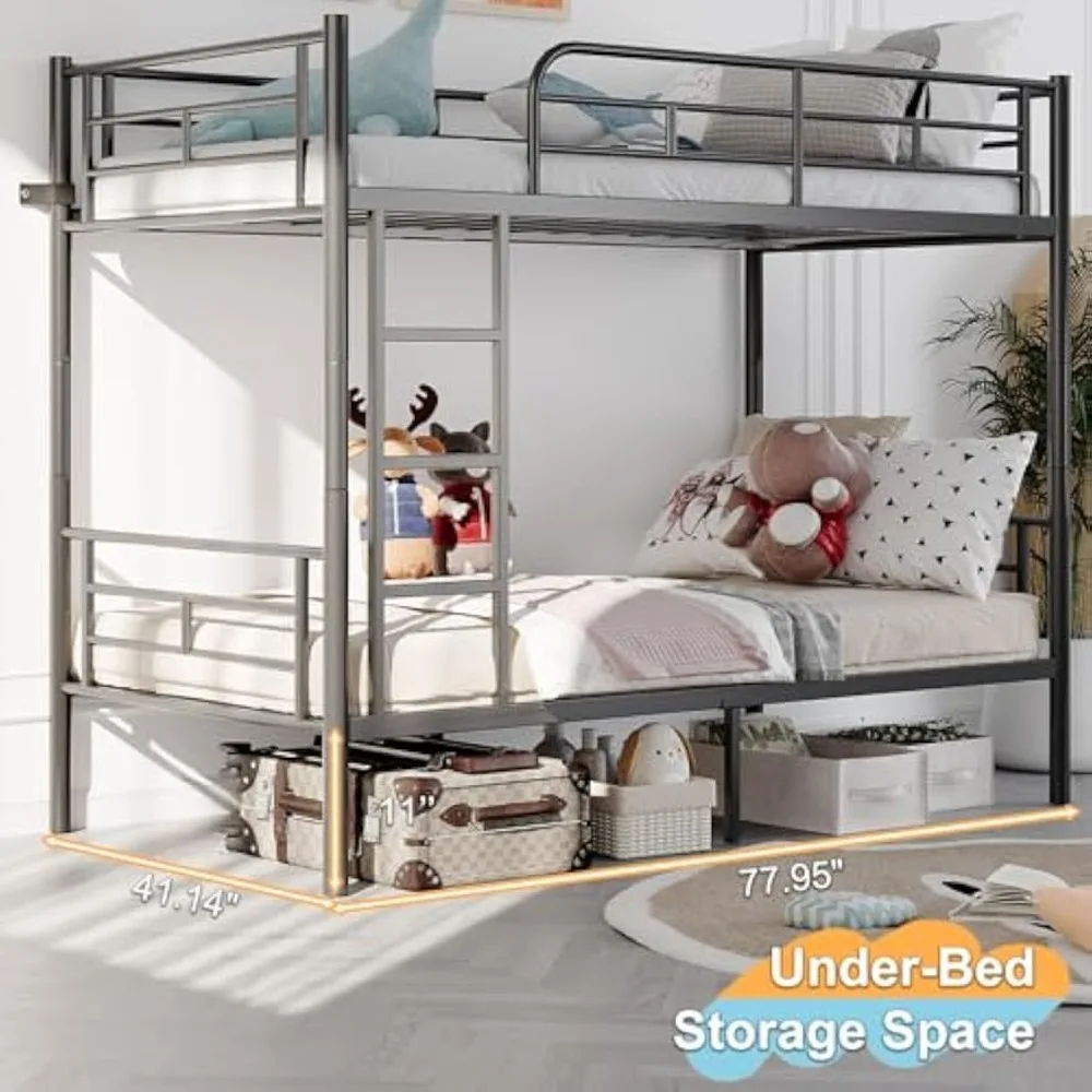 Bunk Bed Twin Over Twin, 2 in 1 Metal Bed Frame with High Guardrail, Under-Bed Storage Space, No Spring Box Needed,Easy Assembly