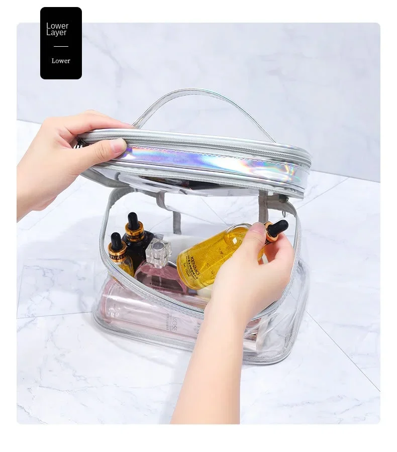 Transparente Kosmetiktasche für Damen, Netzkjolendesign, große Kapazität, Reise-Waschtasche für Mädchen, tragbar, wasserdicht, Aufbewahrungstasche – Detail 7