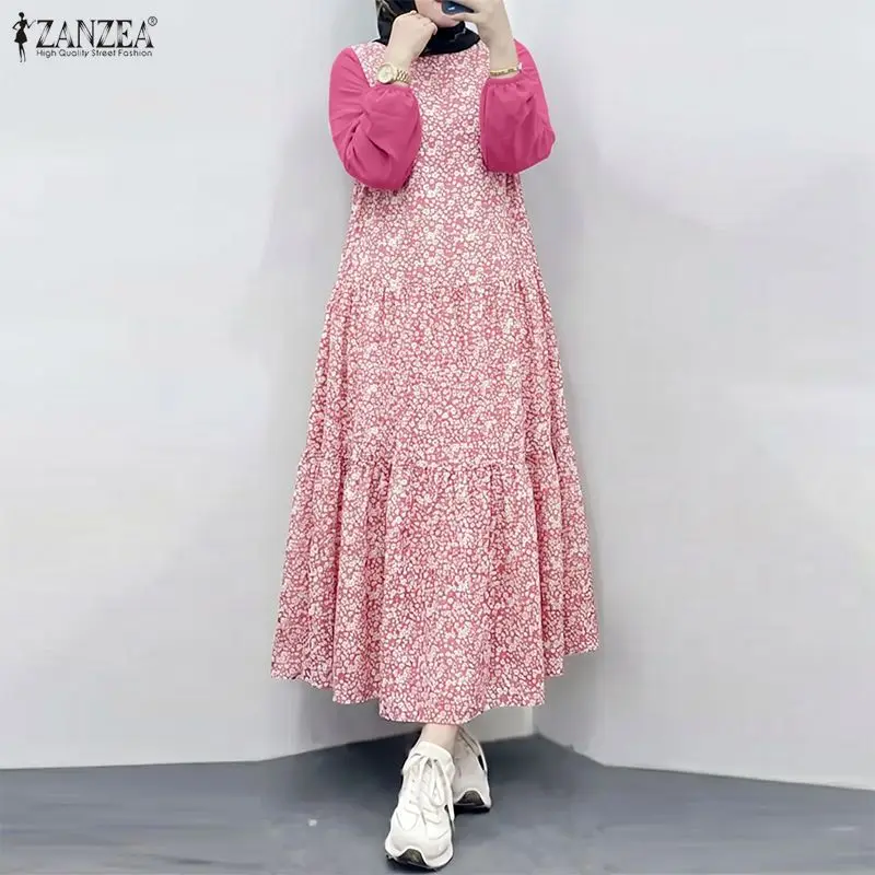 

Women Muslim Modest Maxi Dress O-Neck Lantern Sleeve Floral Print Contrast-Color Abaya Robes ZANZEA Islamic Hijabis Eid Clothing