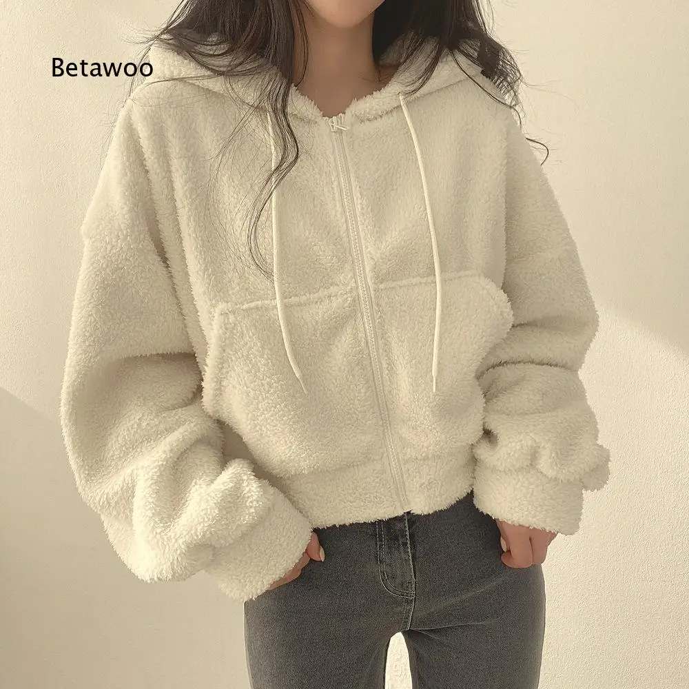 Ladies Long Sleeve Full Zip Fleece Hooded Jacket Cropped Style Drawstring Design Front Pocket Coat For Relaxing Daily Activities