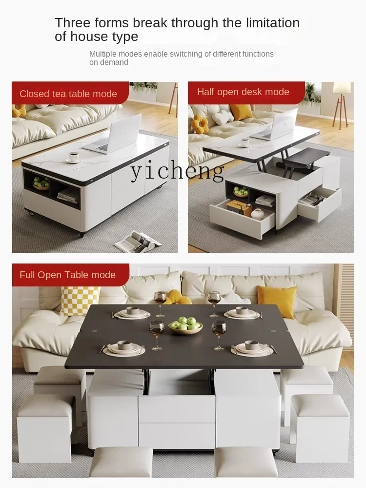 ZZ Zf Small Apartment Multi-Functional Home with Stool Living Room Movable Rock Plate Lifting Coffee Table Dining Table Two-in-O