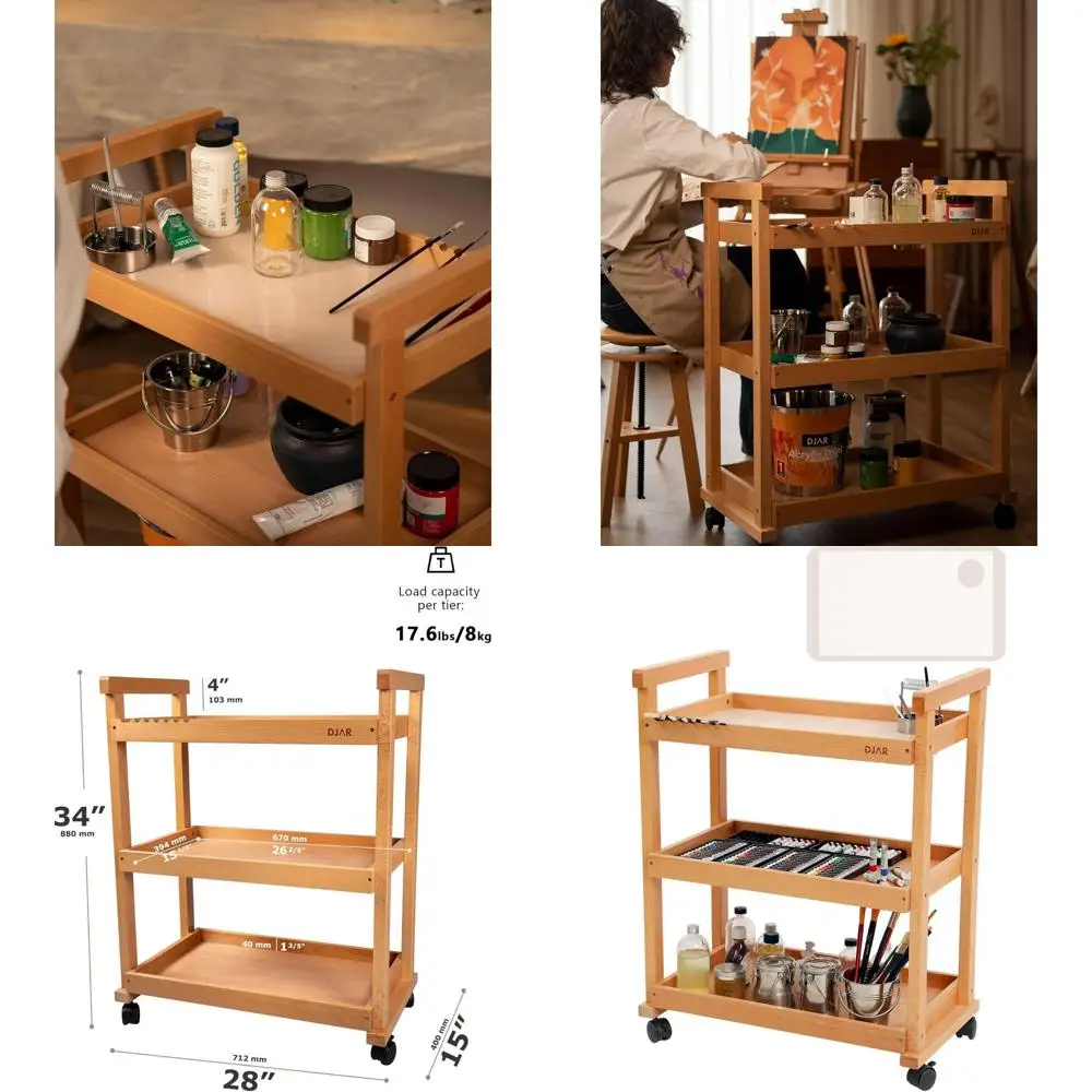 

Natural Wood Rolling Art Supply Cart with Caster Wheels, Organizer for Artists and Adults