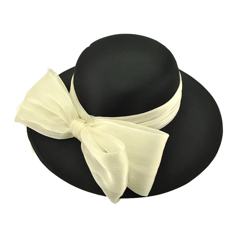 

French Ladies Large Deep Wedding Hat Classic Black Satin Bow Fedora Hat Elegant Cocktail Horse Race Banquet Fedoras Headpiece