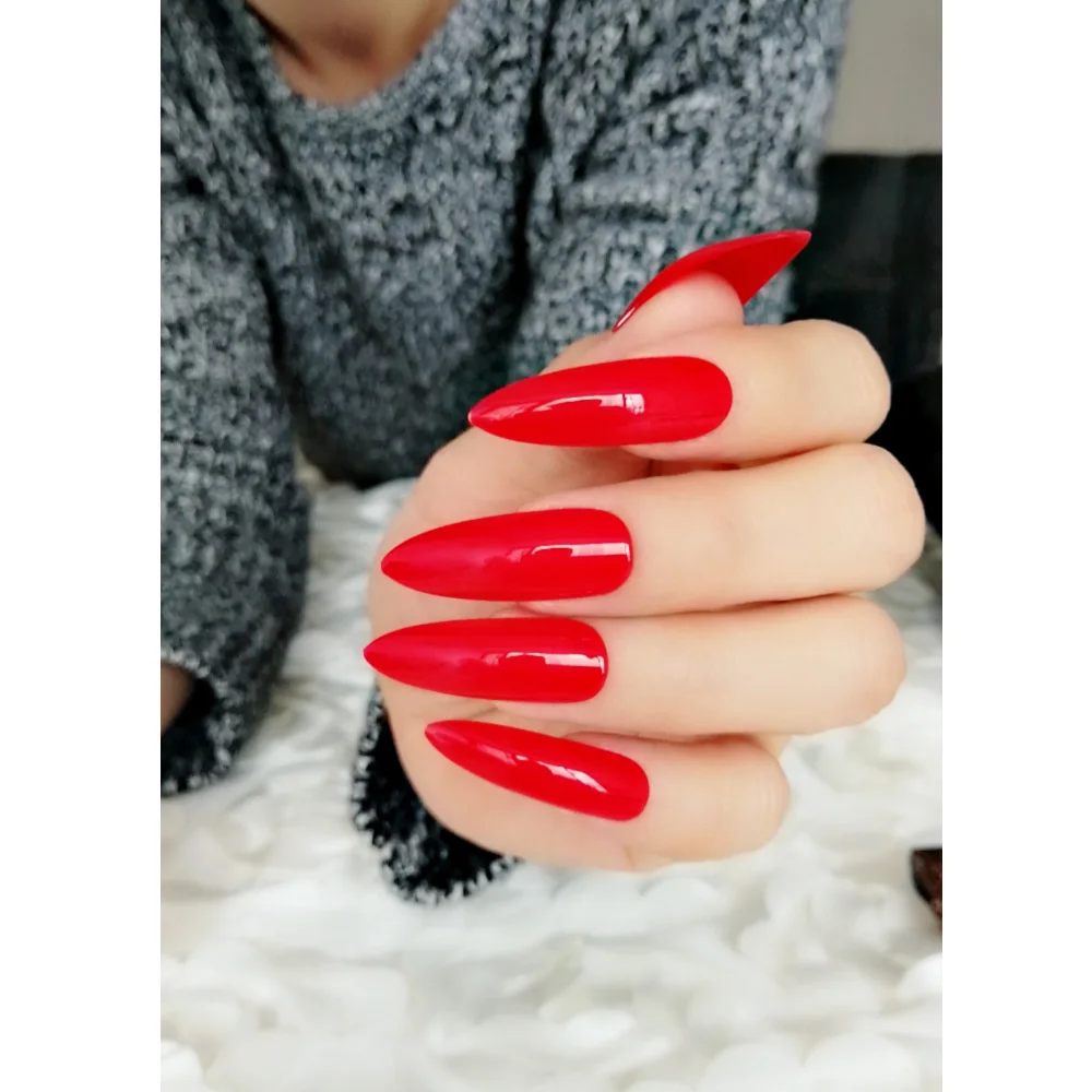 Extra Long Stiletto Red False Nails Tips Pointed Stilettos Press On Nails For Fingers Full Cover with Glue Sticker