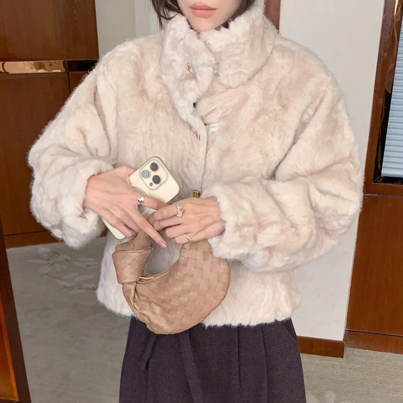 Elegant Short PU Fur Jacket Coat Winter for Women Stand Collar Horn Button Furry Thicken Overcoat Outerwears Female 2025
