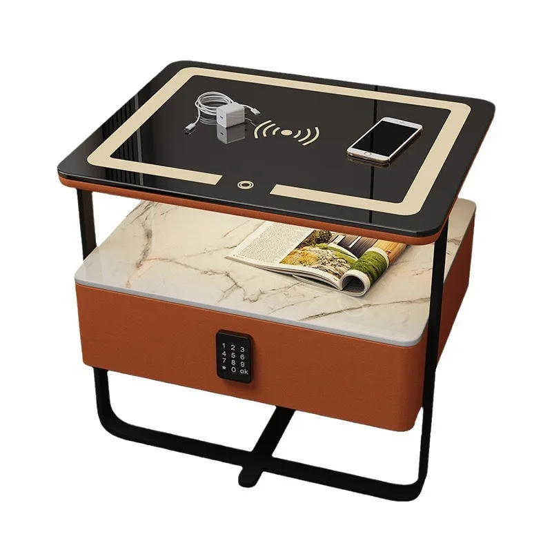 طاولة سرير ذكية صغيرة من الحديد المطاوع وبسيطة للغاية وحديثة وخفيفة وبطاولة صخرية فاخرة من الخشب الصلب وشحن لاسلكي لغرفة النوم #5