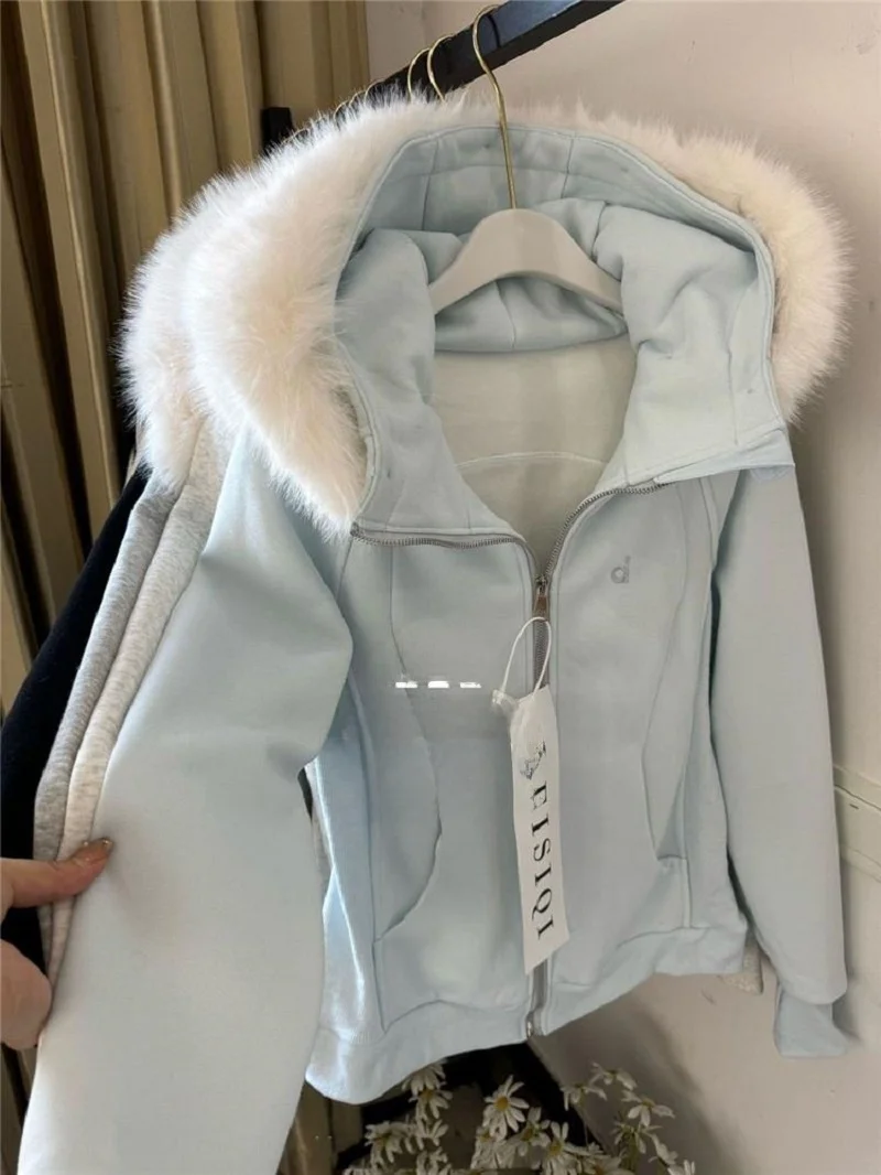 Sweet Style Ultra Soft Detachable Fur Collar Hoodie Women's Slim Fit Warm Yoga Jacket Autumn Winter Fleece Lined Fashionable ...