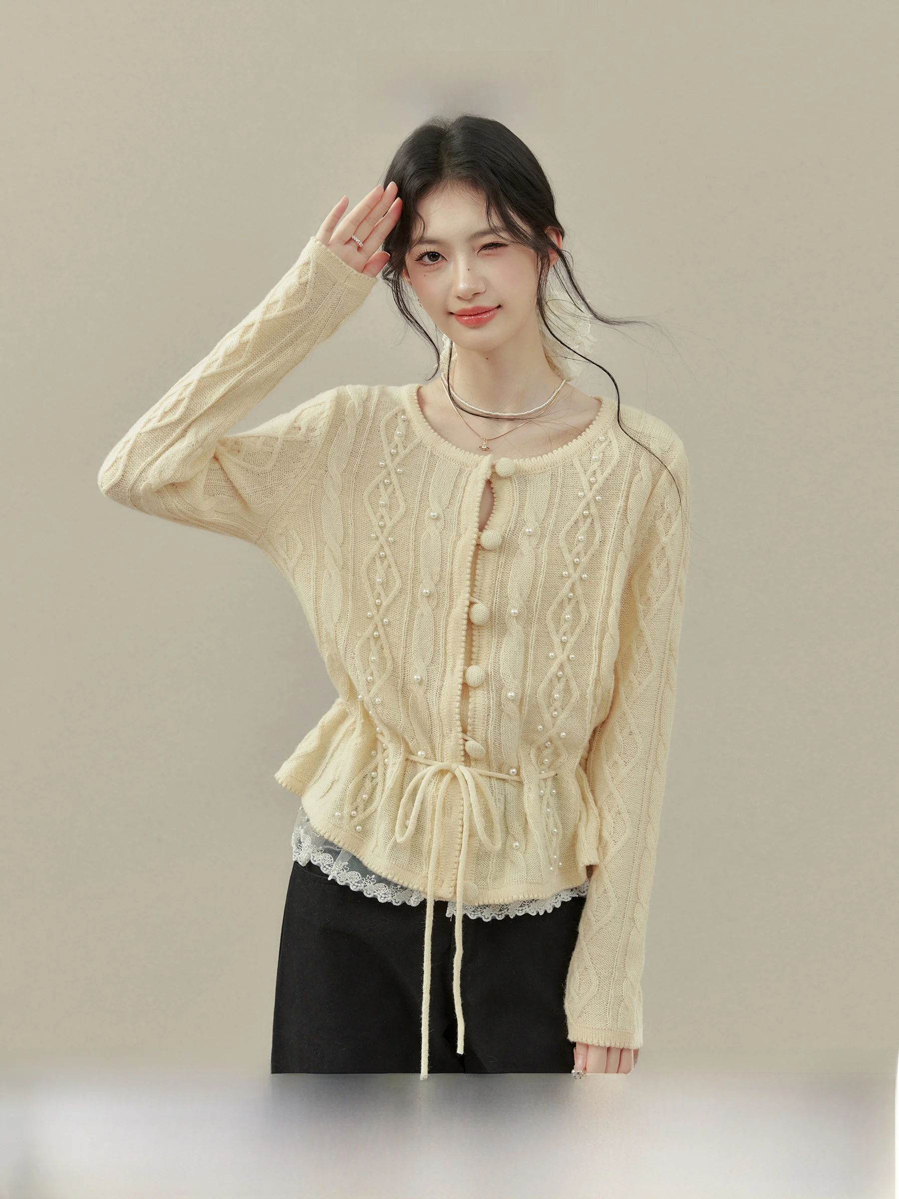 

Ouyang Xi Butter Toast Series ort Knitted Cardigan Women's Spring Autumn Inner Yellow Top round Ne Tie Waist Casual Sle