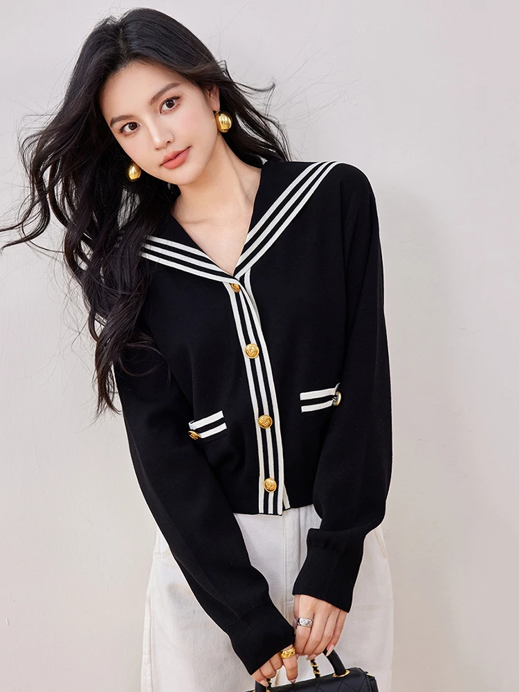 ​​​Preppy Style Sailor Collar Knitted Cardigan Women Autumn New Korean Fashion Long Sleeve Sweater Single Breasted Short Coat