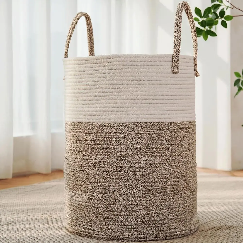 

Large Woven Laundry Basket Hamper,60L Cotton Rope Storage Bin for Blankets,Toys and Clothes,Decorative Tall Nursery Hamper for L