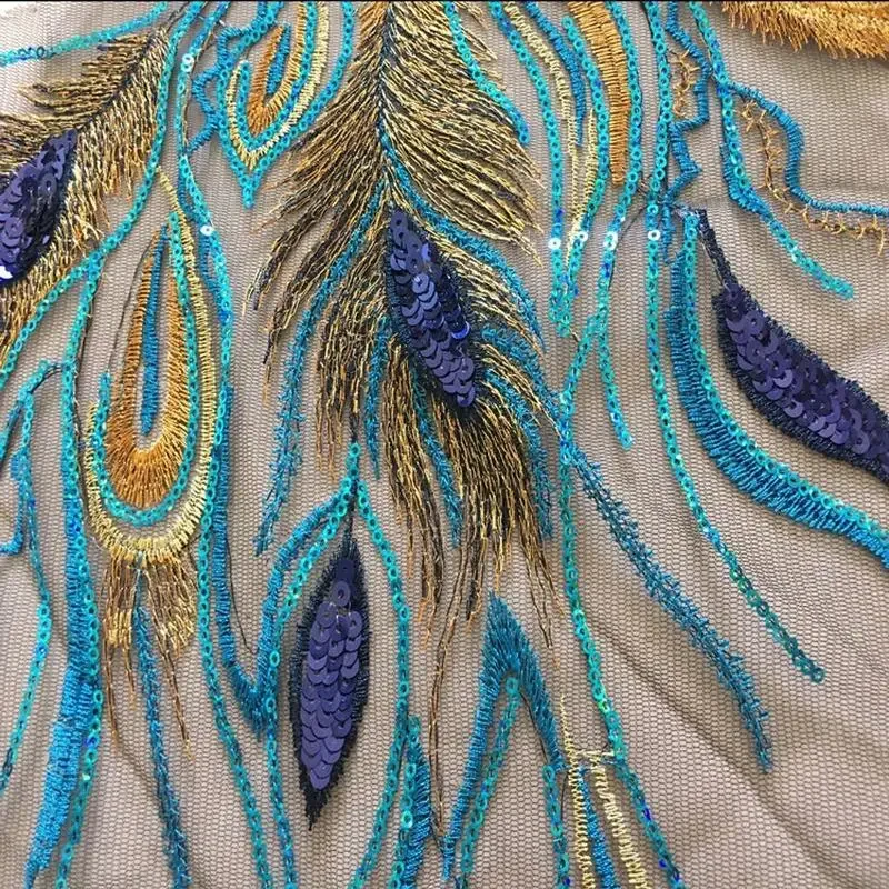 DIY Craft Embroidered Sequins Peacock Mesh Cloth Feather Applique Sew Trim 51X40cm