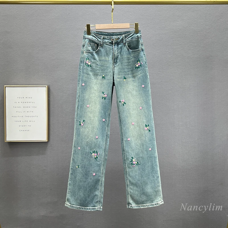 

Fashion Rhinestone Embroidered Mop Jeans Women's Denim Trousers 2024 New Spring Summer High Waist All-Matching Wide-Leg Pants