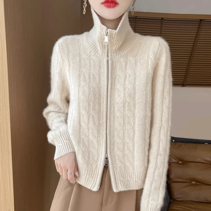 Autumn Winter Double Zipper Lapel Twisted Flower Short Cardigan for Women Thickened Twist Sweater Knitted Jacket Top