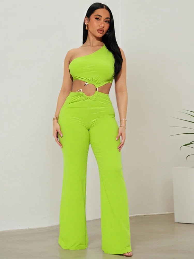 

Sister Star Fashion Slant Shoulder Sleeveless Backless Lace Up Snake Metal Decoration Hollowed Out Tight Pants Commuter Jumpsuit