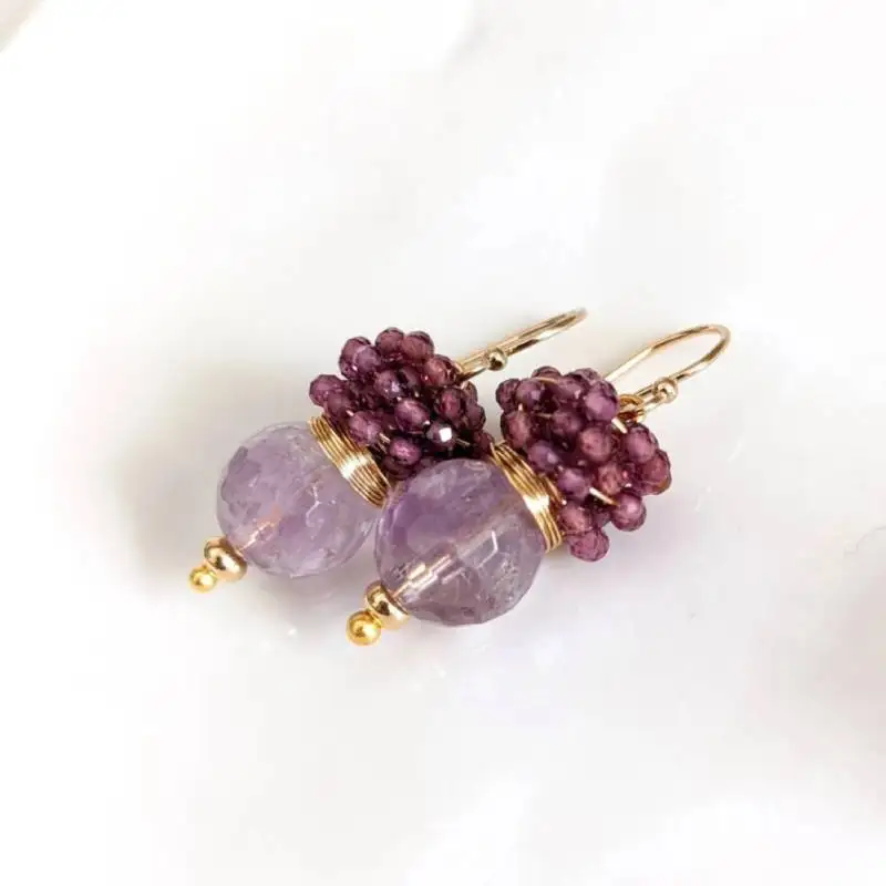 

Faceted Amethyst with cluster tiny amethyst stones earrings. Gold filled earrings, cluster earrings