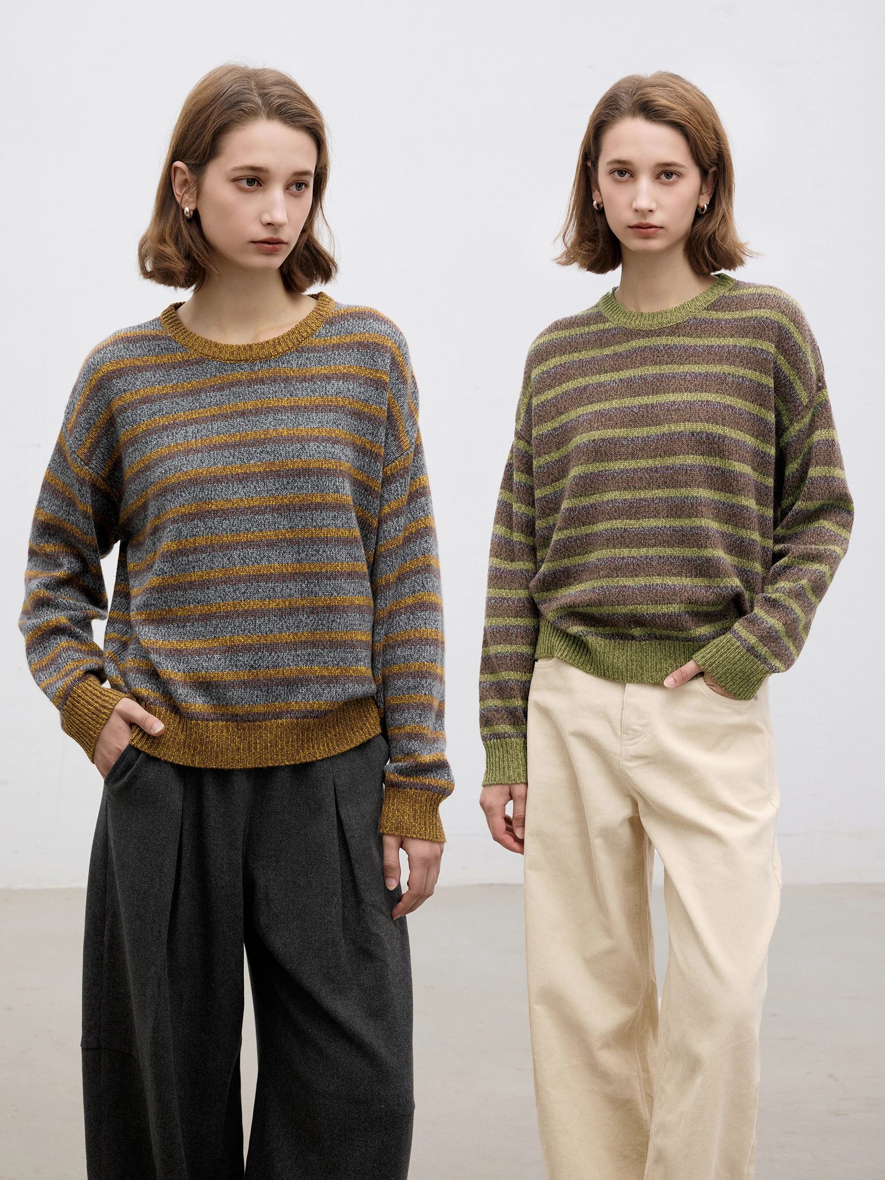 

Женский вязаный свитер с круглым вырезом из смесовой шерсти с цветочным и полосатым узором, осенне-зимний, утепленный, с длинными рукавами, модный