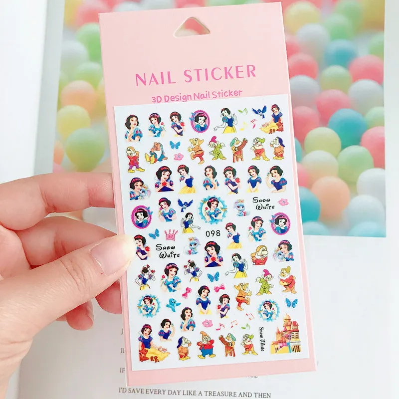 3D Disney Princess Nail Stickers Cartoon Cute Snow White Nail Design Elsa Anna Belle Rapunzel Cinderella Nail Decoration Sticker