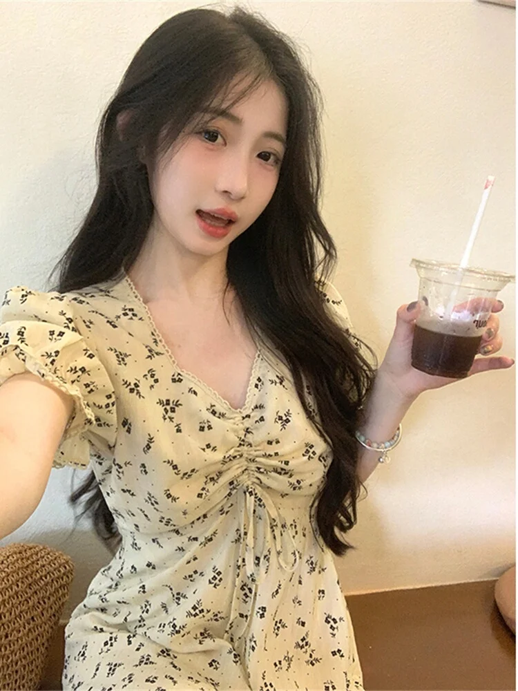 Floral Print Maxi Dress with Drawstring High Waist Puffy Sleeves V-Neck Princess Style Summer Fashion Ladies' Gown