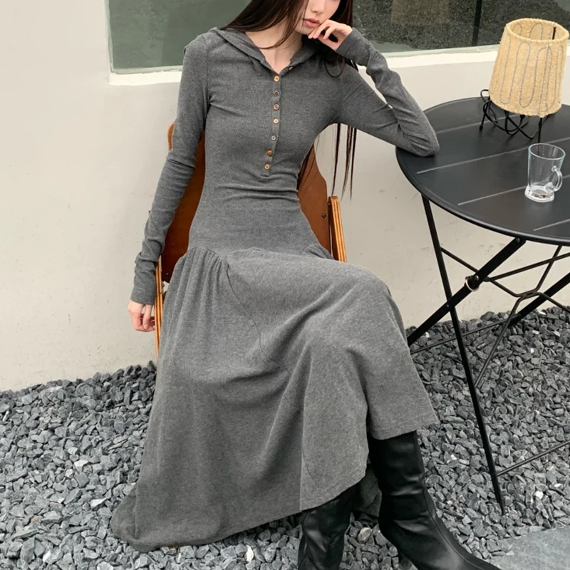 

Minimalism Irregularly Button-decorated Velvety Textured Knitted Hooded Dress Grey Long Sleeve Stretch Midi Dress Vestidos Mujer
