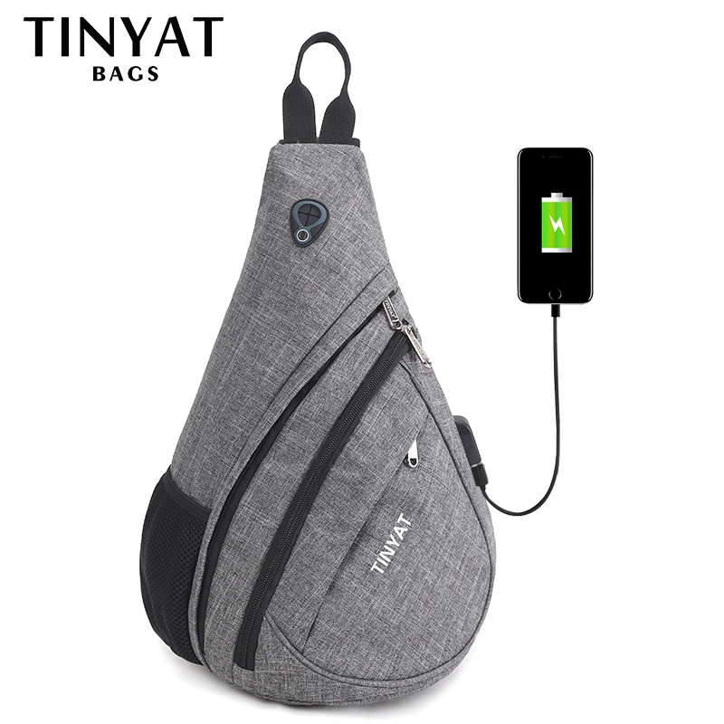 TINYAT Men Bag Men Shoulder Sling Bag pack USB Waterproof Messenger Crossbody Bag Black Travel chest bag for ipad T509