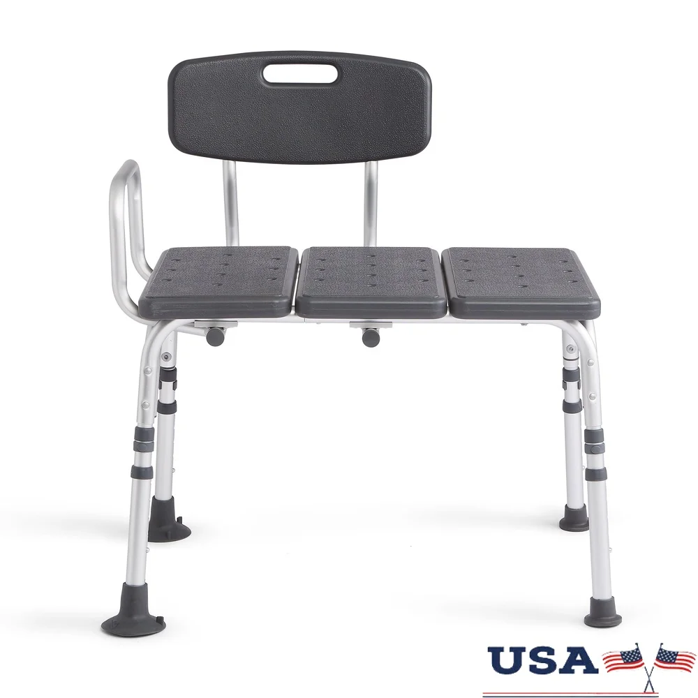 

Transfer Bench with Backrest Non-Slip Seat Anti-Microbial Microban Tool-Free Assembly Adjustable Height Stable Armrests Suction