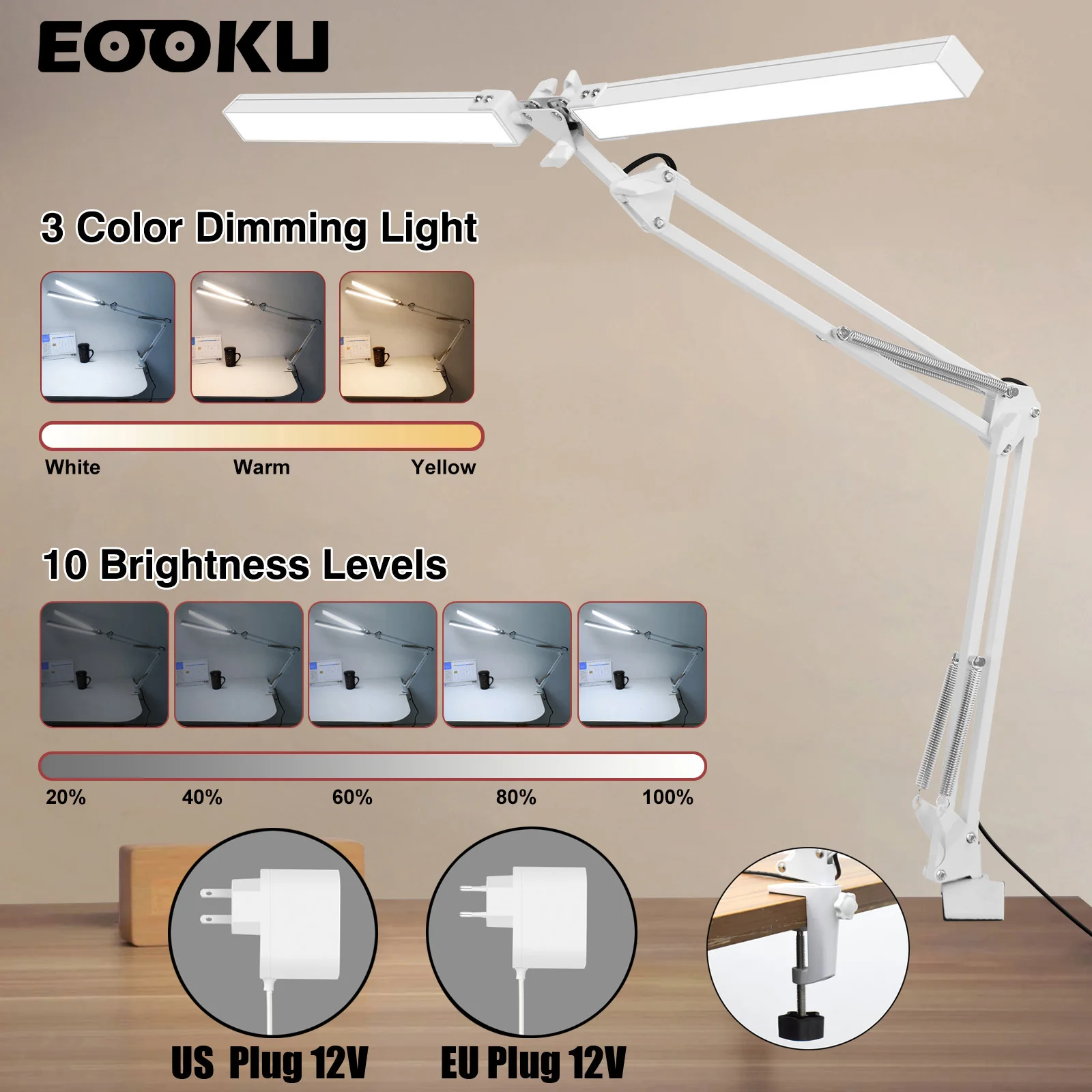 EOOKU 24W 3 Color Dimmable Table Lamp EU/US 12V LED Eye-Caring Desk Lamps Screen Hanging Light for Bedroom Office Living Room