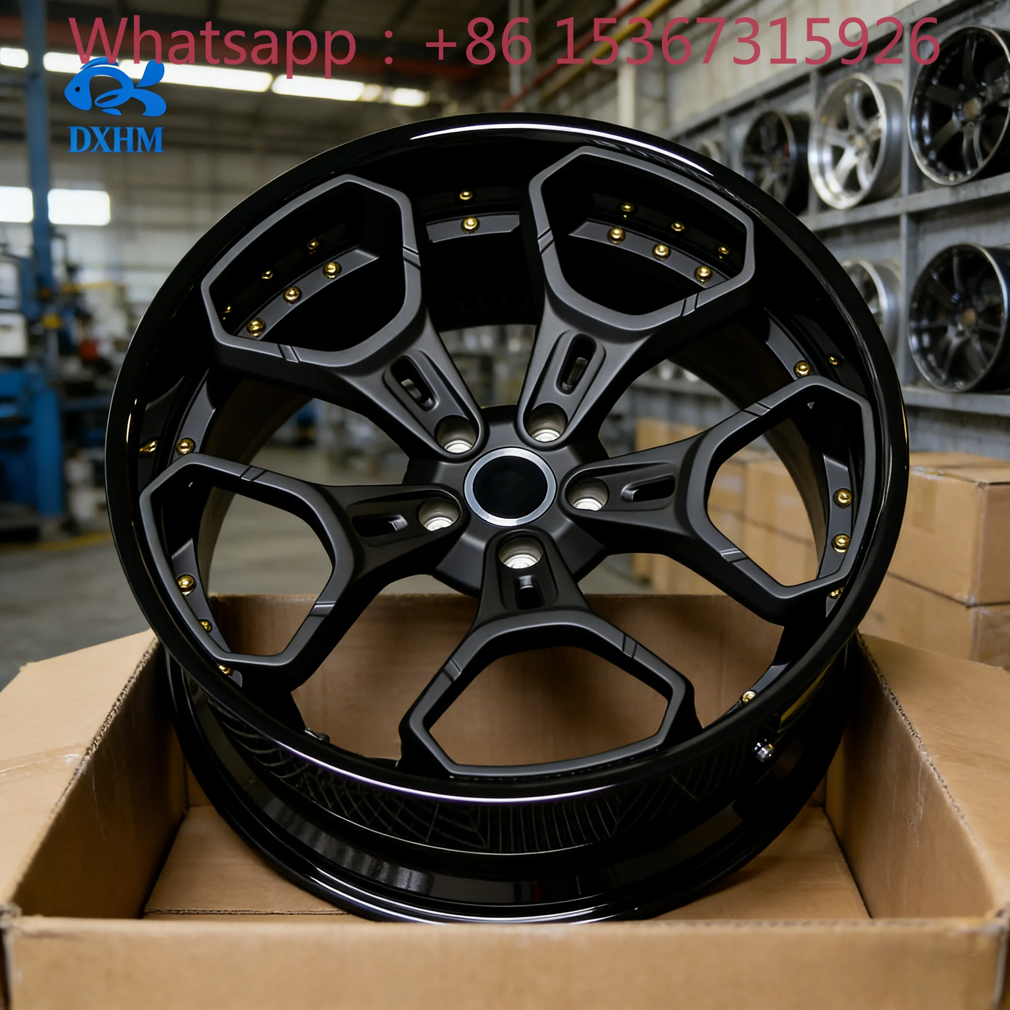 Rines de Aleación Forjados de 19-24 Pulgadas, Color Negro Mate, Borde Profundo, 22x12J 5x112 5x130, Remaches Dorados, Rines Cóncavos Personalizados para Superdeportivos