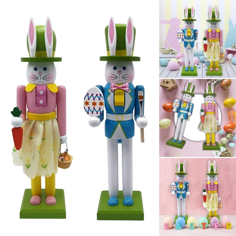 

Handcrafts Easters Bunnies Nutcrackers 30.8cm Wooden Figurine Colorful Rabbit Soldier Sculpture with Base Table Decors 37JD