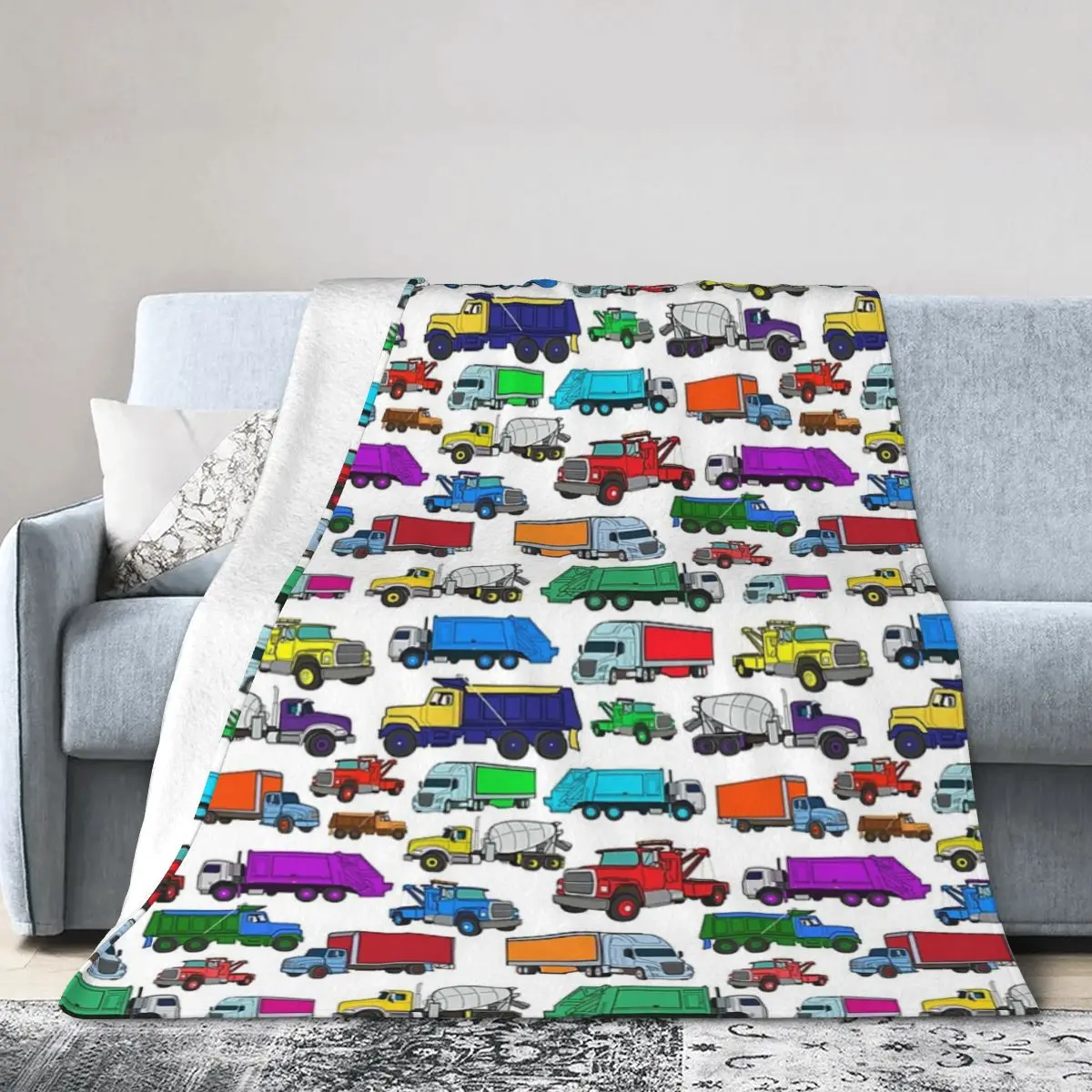 

Cartoon-style Truck Illustrations Blanket Soft Warm Flannel Throw Blanket Bedspread for Bed Living room Picnic Travel Home Sofa