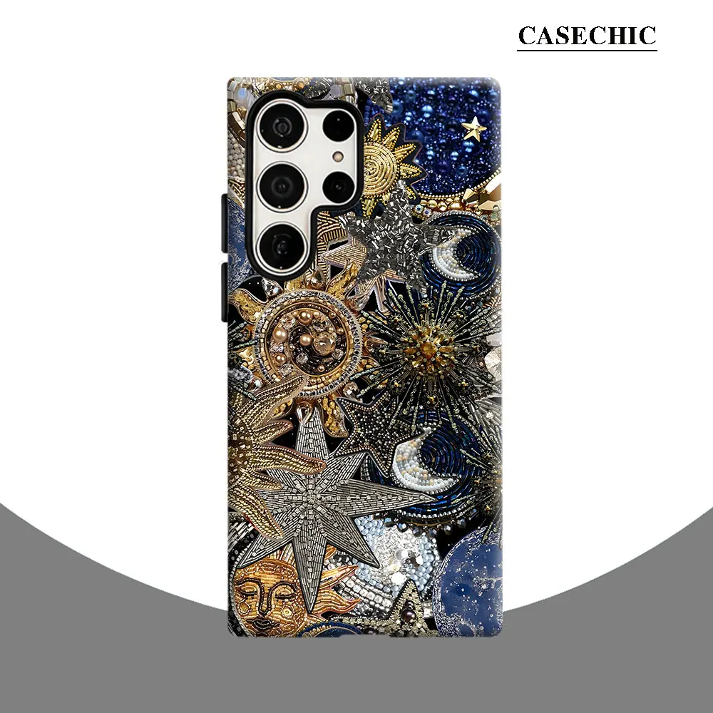 Mosaic Sun Moon Star Phone Case for Samsung Galaxy S26 S25 Ultra S24 S23 Ultra Plus Shockproof Double layer tough Back Cover