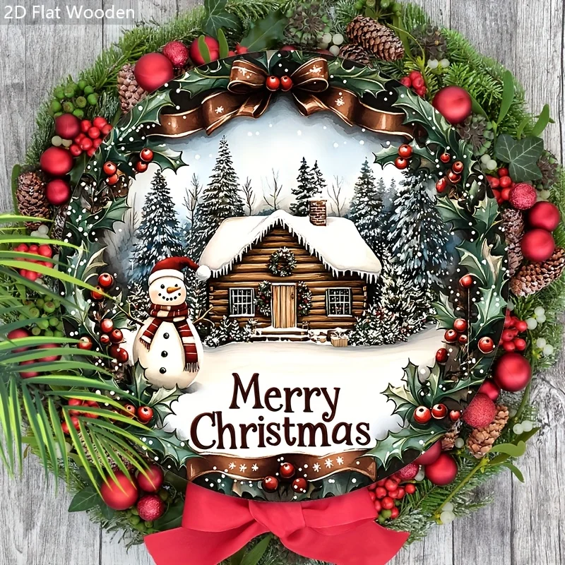 2D flaches 1-teiliges ländliches Weihnachts-Schneemann- und Holzschild für das Ferienhaus, kreisförmige Wanddekoration, Weihnachtsdekoration