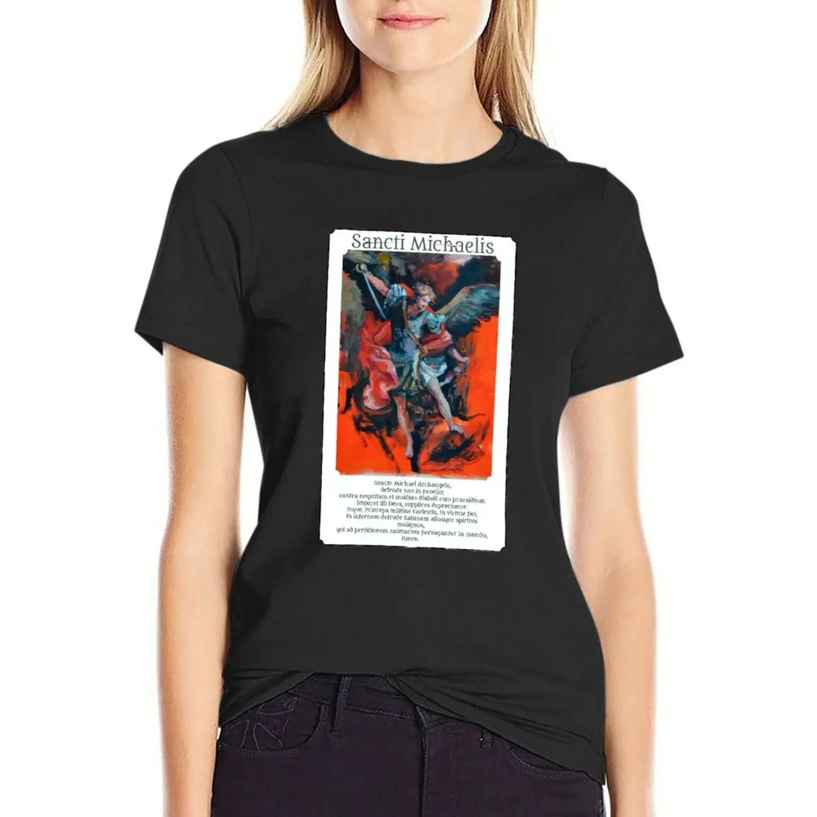 

St Michael Oil Painting and prayer sticker. T-Shirt summer clothes quick-drying plus size t shirts for Women loose fit