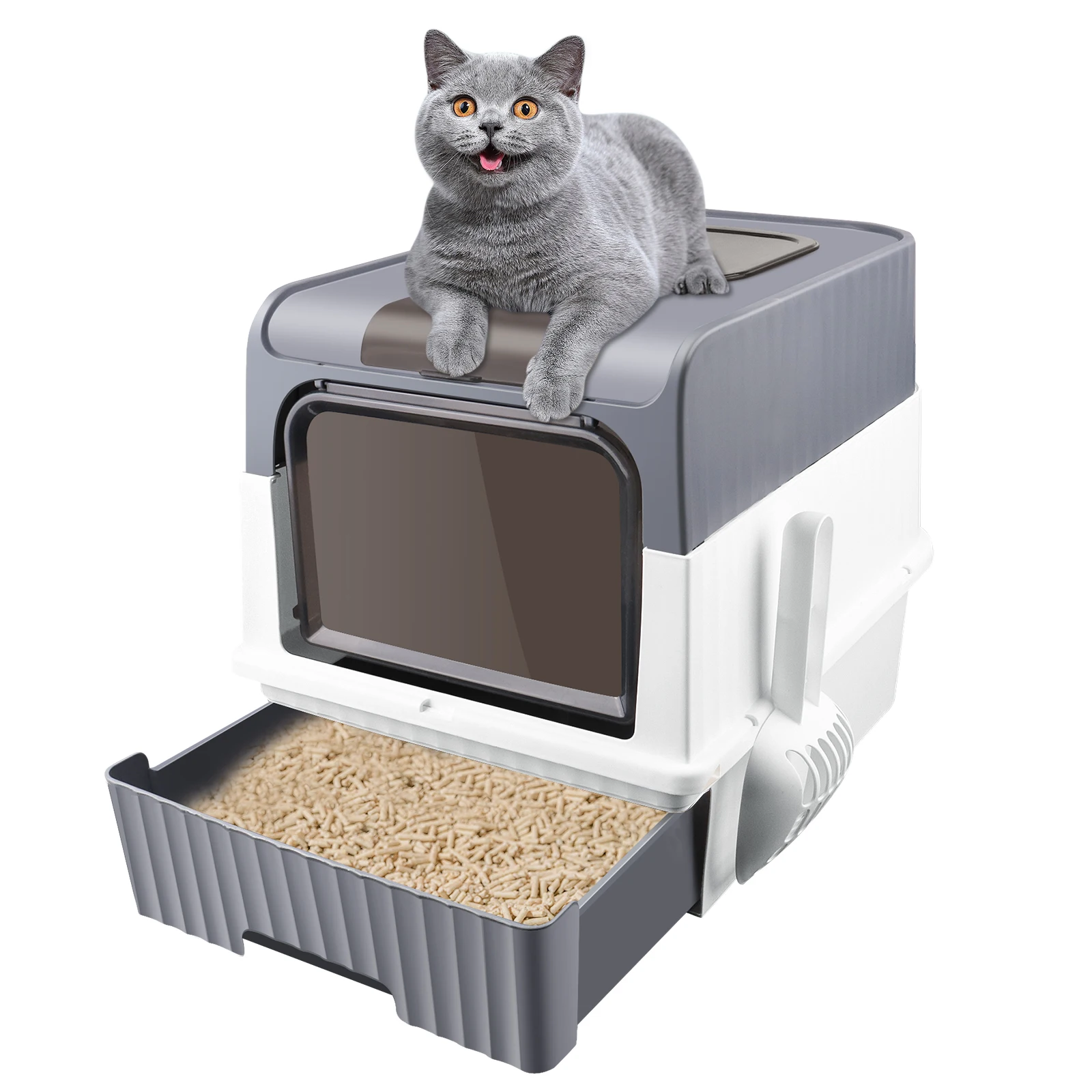 Lettiera per gatti, con coperchio rimovibile, a prova di perdite, facile da pulire, modello a forma di toilette, vassoio rimovibile, grande capacità, paletta per la lettiera, capacità di 5 kg di