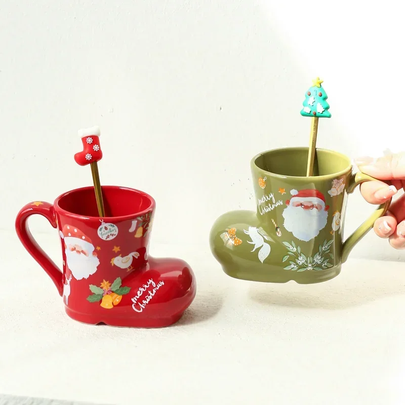 Cute Christmas style High temperature fired ceramics coffee mug and spoon Glazing process Drinkware milk juice afternoon tea