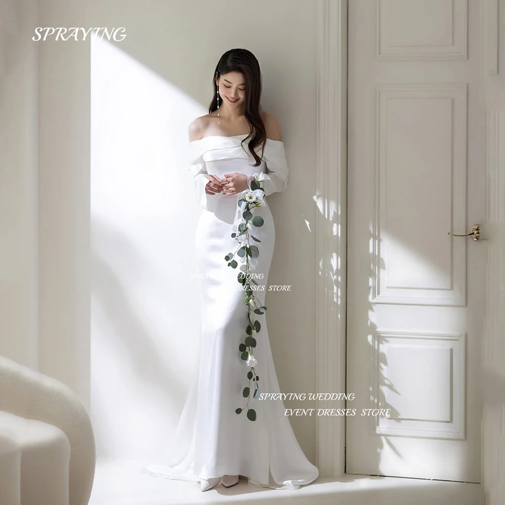 

SPRAYING Korea Off Shoulder Wedding Dress Photo Shoot Long Sleeve Mermaid Bridal Gown Floor Length 웨딩드레스 Custom Made