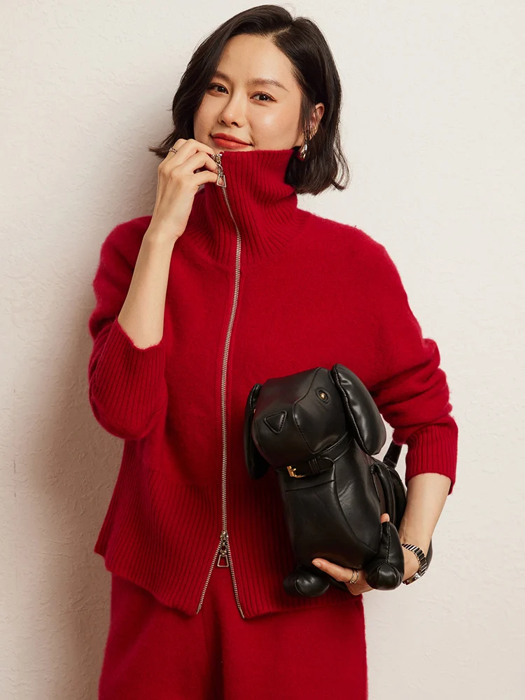 

2025 High Quality Women 100% Cashmere Double Zipper Knitted Cashmere Cardigan Autumn Winter Sweater Casual Knitted Fashion Tops