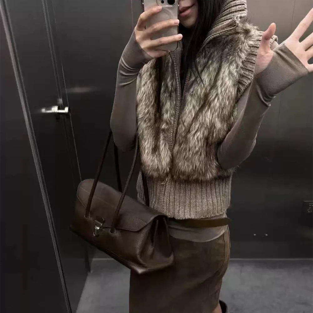 

Jxwatcher Winter Coat Female Faux Fur Vest Fall Winter Fashion Warm Knitted Sleeveless Jackets Stand Collar Knitwear New Arrival