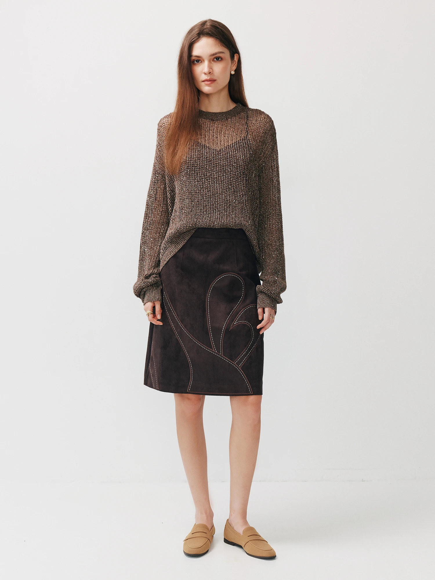Elegant Embroidered Heavy Work Suede  Skirt A-Line Straight Cut Comfortable Versatile mid Waist Polyester Fiber Skirt