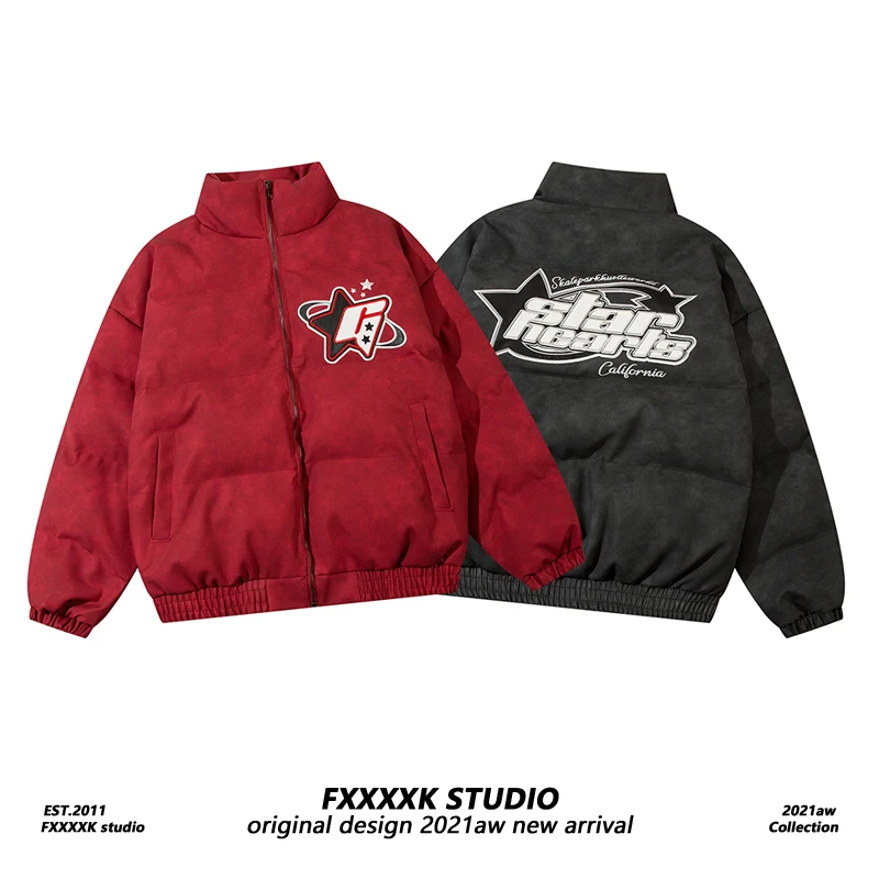 Jaqueta de Algodão com Bordado de Letras em Couro PU Original FXK, Marca Tendência Americana, Estilo Solto para o Inverno