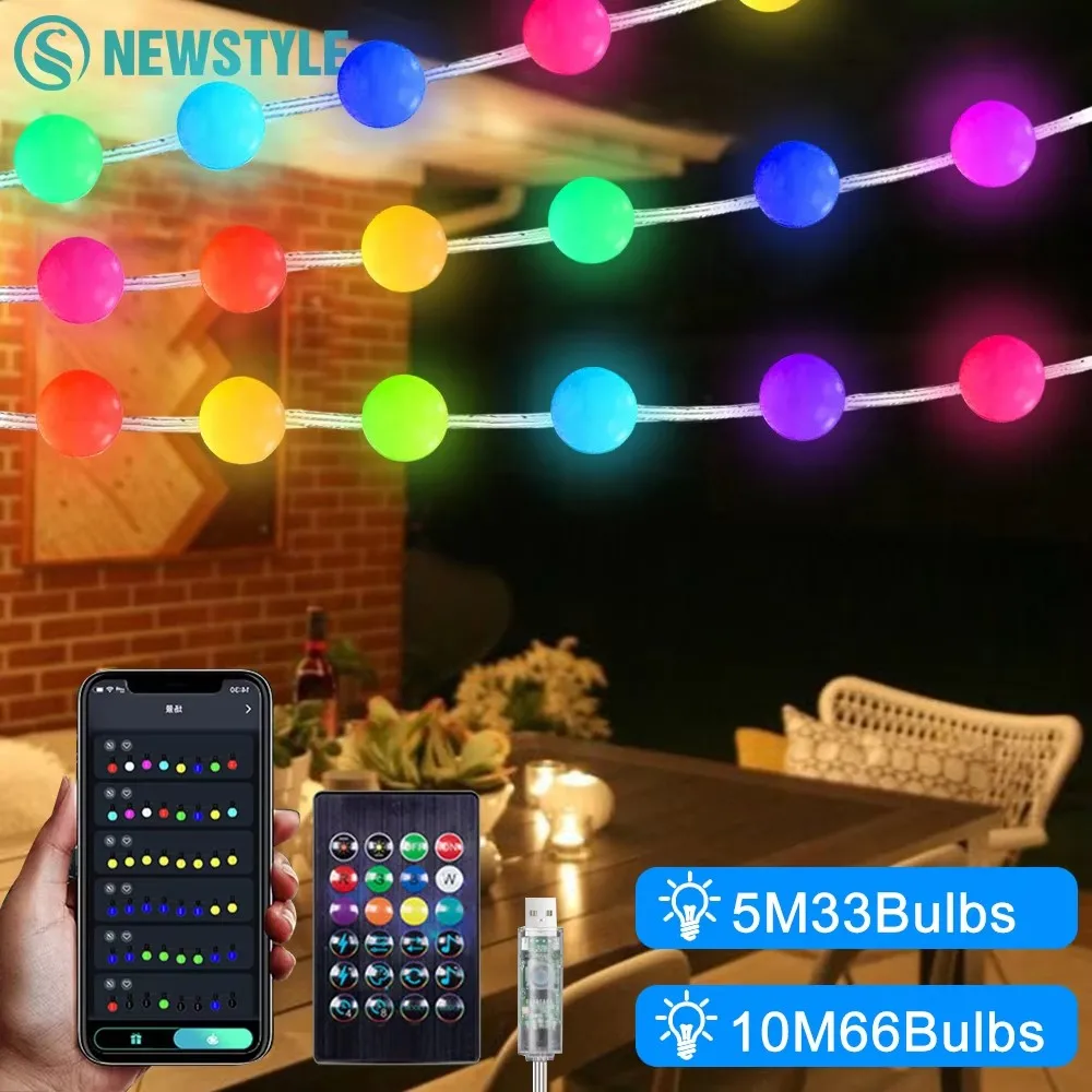 

Outdoor RGB String Lights 10M 66Bulbs Smart APP Bluetooth Control LED Light String For Indoor Outdoor Party Christmas Decor