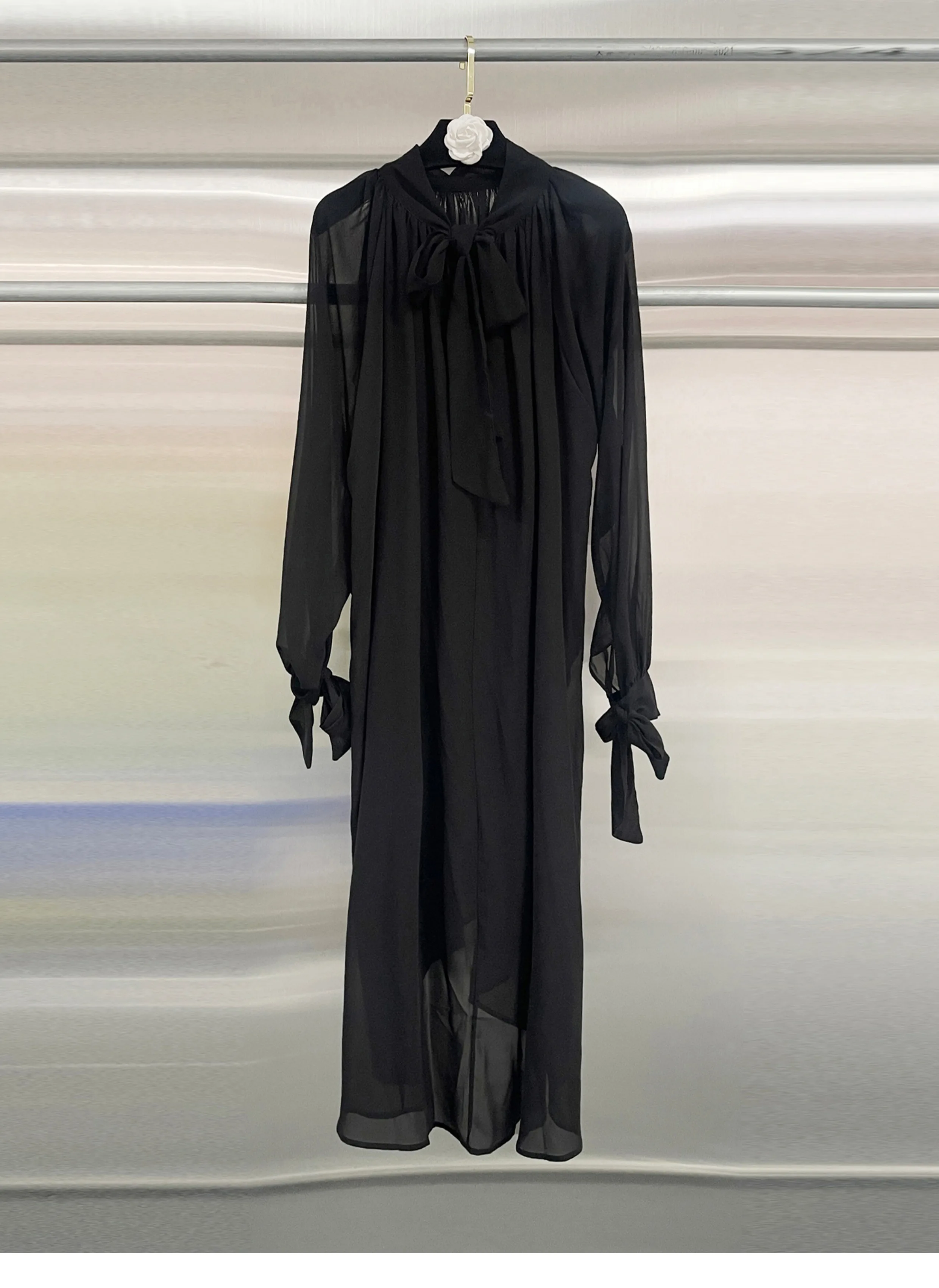 

Women Sexy Long Sleeve Casual Black Design Long Dress Chiffon Bow Beach Holiday Dresses See Through High Quality Birthday Gown