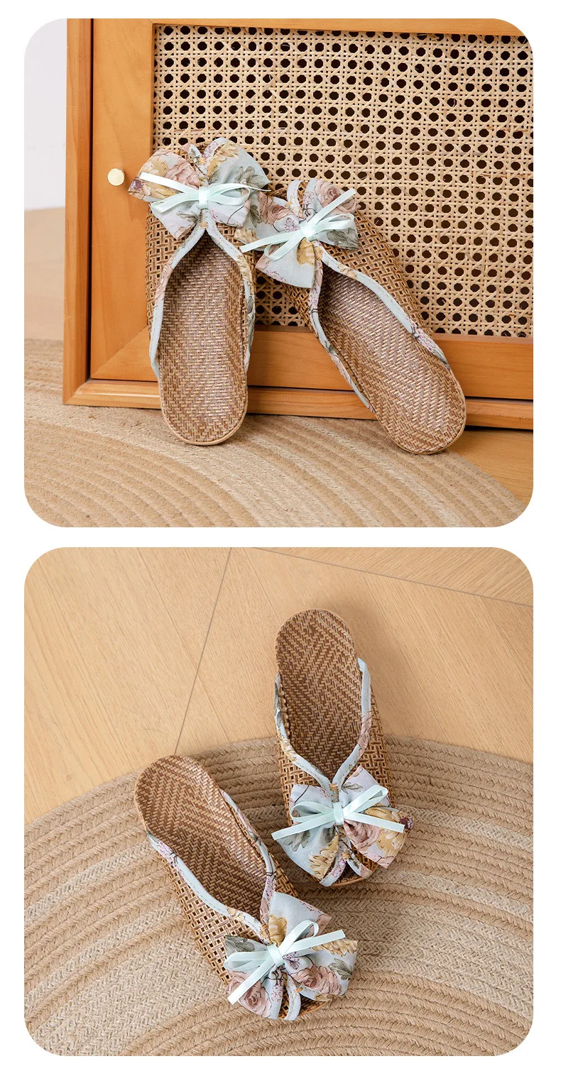 Rattan-Hausschuhe mit Fliege – niedliche Hausschuhe im koreanischen Stil, rutschfeste, atmungsaktive Innensandalen mit weicher Sohle für den Sommer – Detail 14